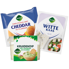 Melkan witte kaas, kruidendip of cheddar plakke...